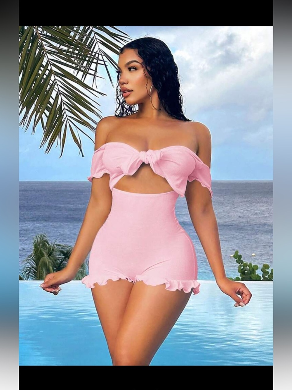 Off Shoulder Front Tie Bowknot Puff Sleeve Ruffle Hem Women's Romper